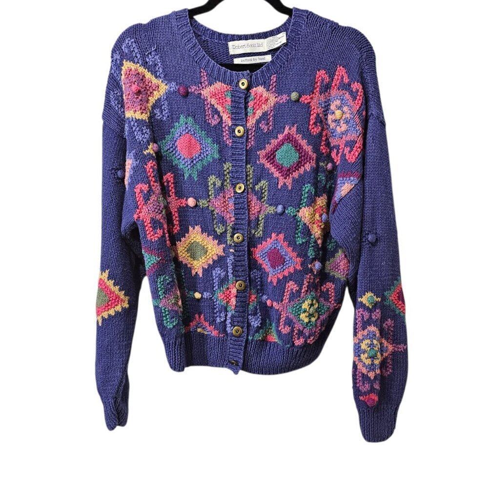 Robert Scott Ltd Vintage Hand Knit Patterned Cardigan Oversized Purple Sweater